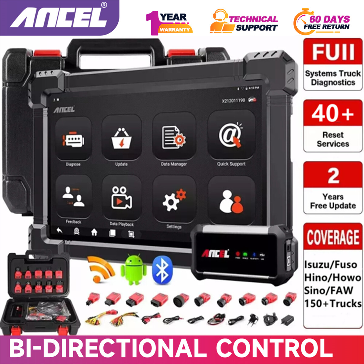 Ancel X7 HD 12V-24V Heavy Duty Truck OBD2 Scanner Full System Diagnostic Tool with 40 Reset Functions and ECU Programming & Active Test For All Cars and Trucks ราคา 12,441 บาท*ส่งฟรี