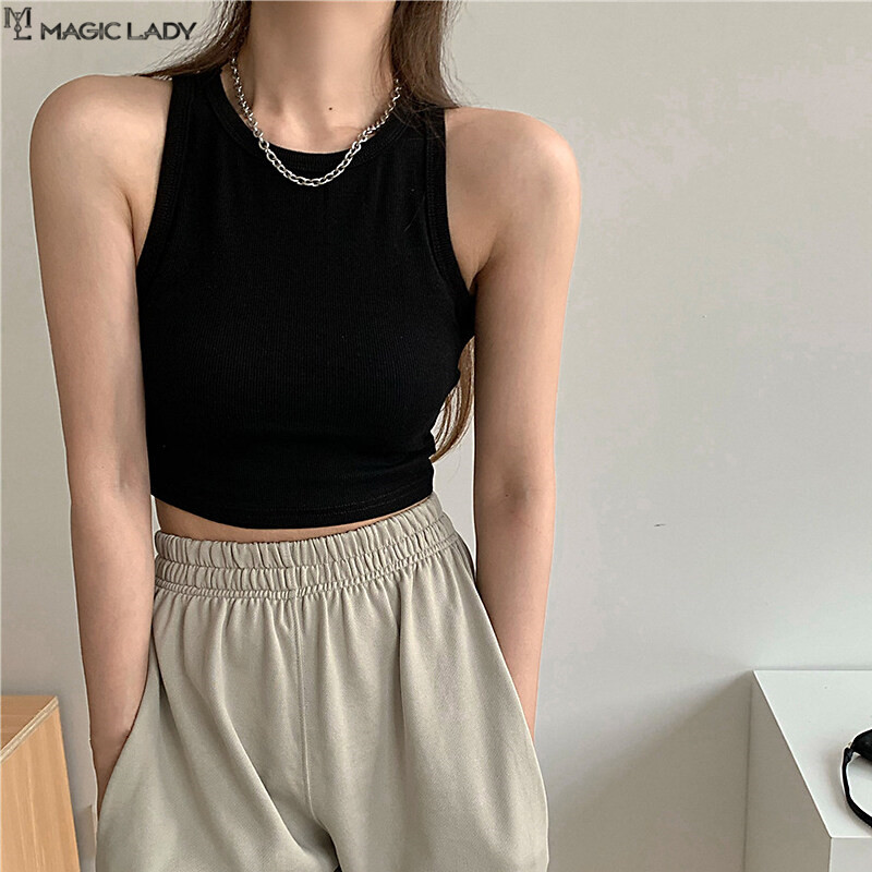 Áo ba lỗ nữ áo hở eo cổ tròn áo ba lỗ ngắn màu trơn áo chui đầu không tay áo ba lỗ nữ thường ngày mùa hè