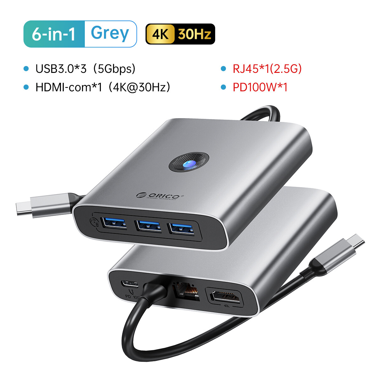 USB C HUB 4K 60Hz ORICO USB-C Bộ chuyển đổi đa cổng 6 trong 1 với 4K HDMI 100W giao hàng điện 3 USB 