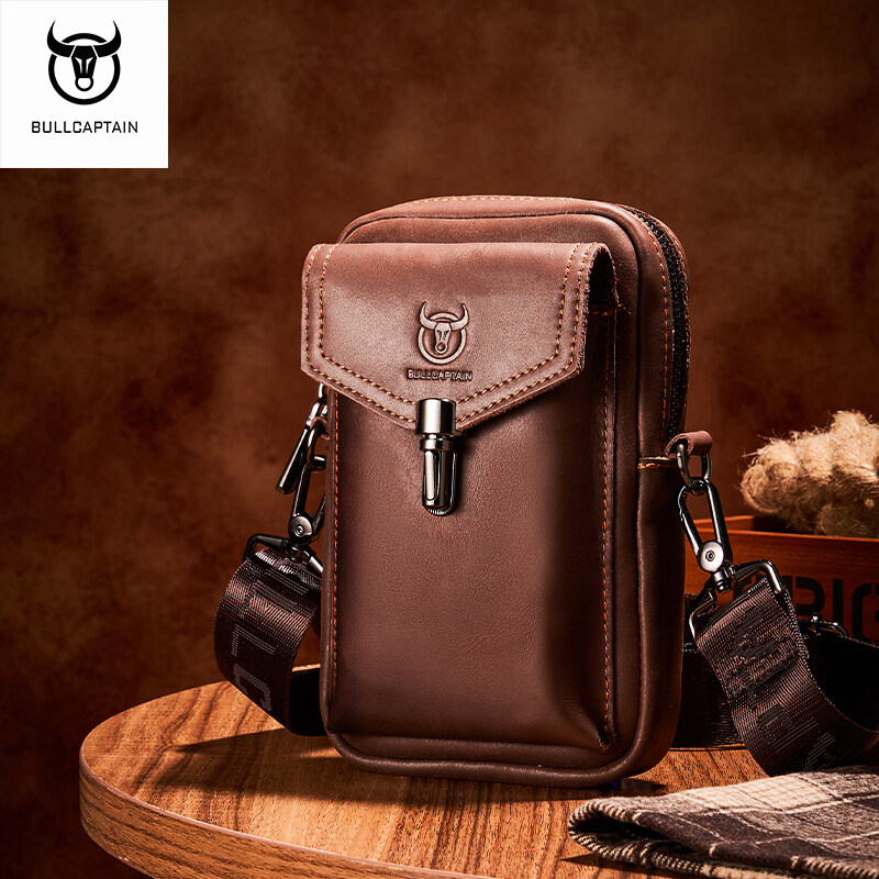 Túi Đeo Hông Bằng Da BULLCAPTAIN Crazy Horse Túi Đưa Thư Đeo Vai Điện Thoại Di Động 7 Inch Thời Trang Đa Năng Cho Nam