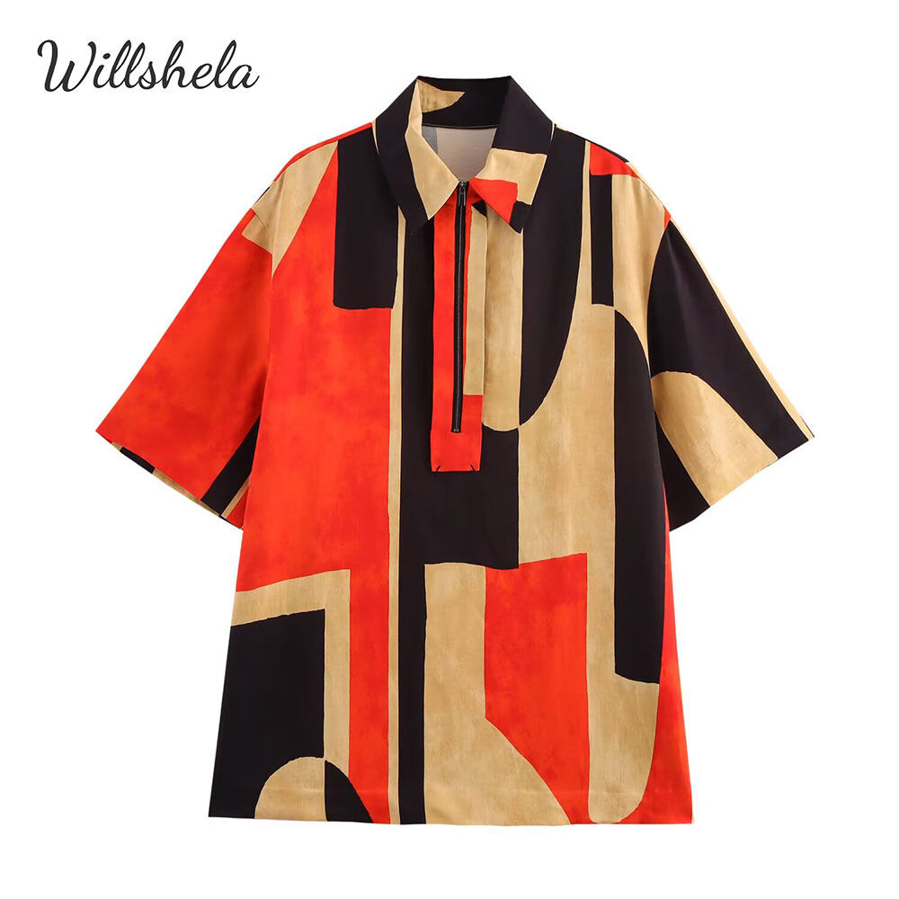 Willshela Women Fashion Satin Printed Blouse Lapel Neck Short Sleeves Casual Female Chic Lady Shirts Outfits ราคา 575 บาท*ส่งฟรี