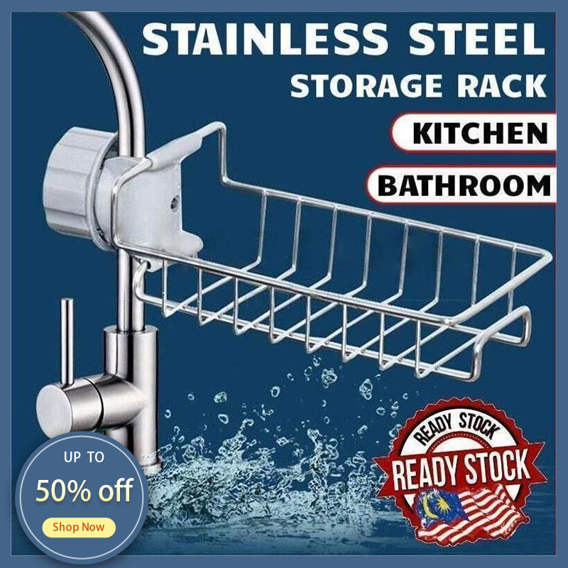 Gambar [Ready Stock] Adjustable Sink Storage Rack Stainless Steel Sink Drain Rack Kitchen Faucet Sponge Holder Bathroom Shelf Organizer ???