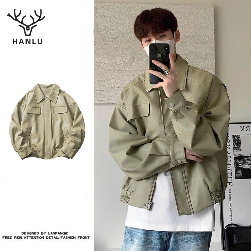 Hanlu áo khoác nam đẹp ngầu boy phố Áo khoác thời trang mới Áo khoác da PU Áo khoác phong cách di động ve áo Áo khoác nam