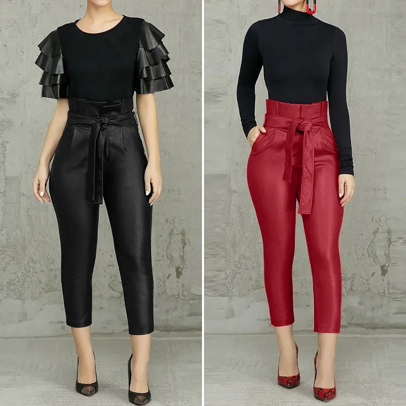 high waisted belted leather pants