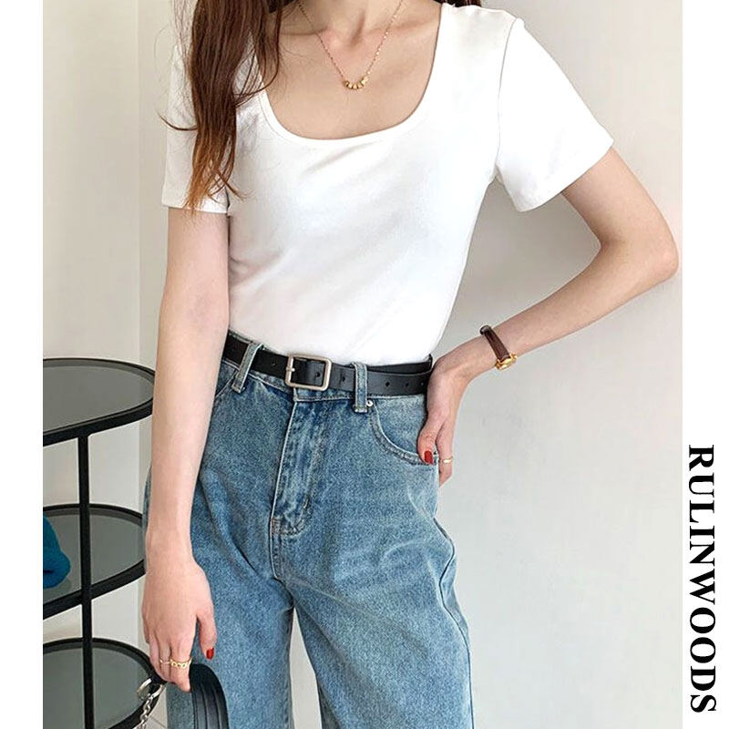 Chicchic 4 colors women's cotton t-shirt korean fashion square neck t-shirts
