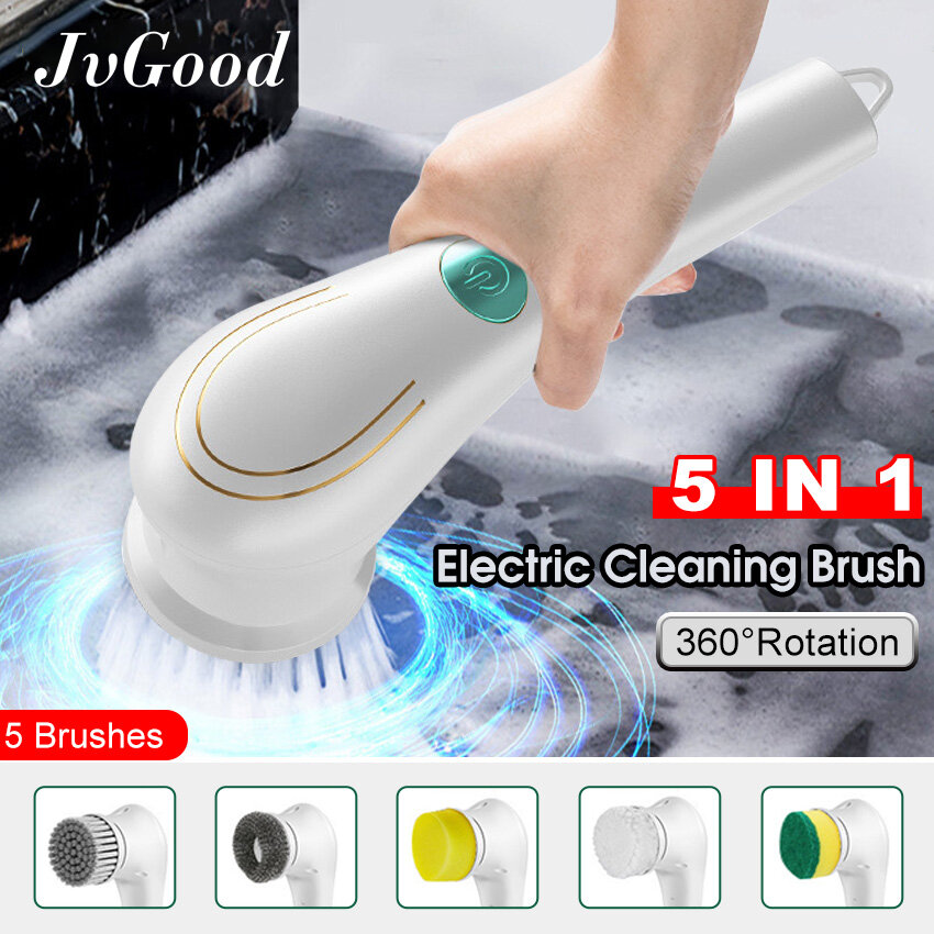  JvGood Electric Cleaning Brush 5 IN 1 Magic Brush Electric Cordless Cleaning for Tub and One Touch Operation & 5 Replaceable Brush Heads For Kitchen Bathroom Toilet Washbasin 