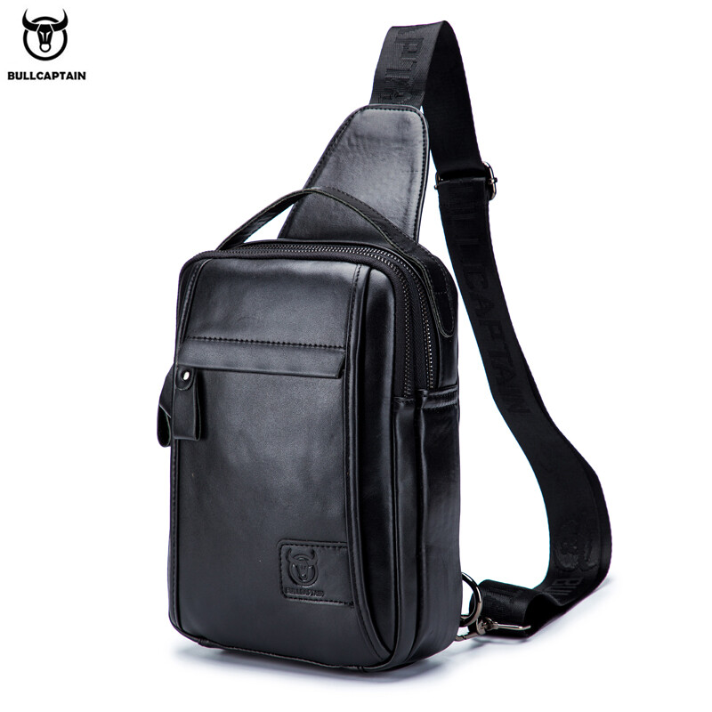  BULLCAPTAIN Men's Leather Chest Bag Youth College Style Shoulder Crossbody Bag 