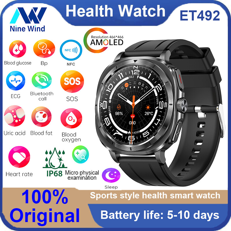 Ninewind et492 Đồng hồ thông minh ECG cuộc gọi Bluetooth đường huyết huyết áp nhiệt độ cơ thể oxy máu Uric axit lượng mỡ trong cơ thể vi kiểm tra thể thao ngoài trời NFC kiểm soát truy cập đồng hồ thông minh cho nam giới