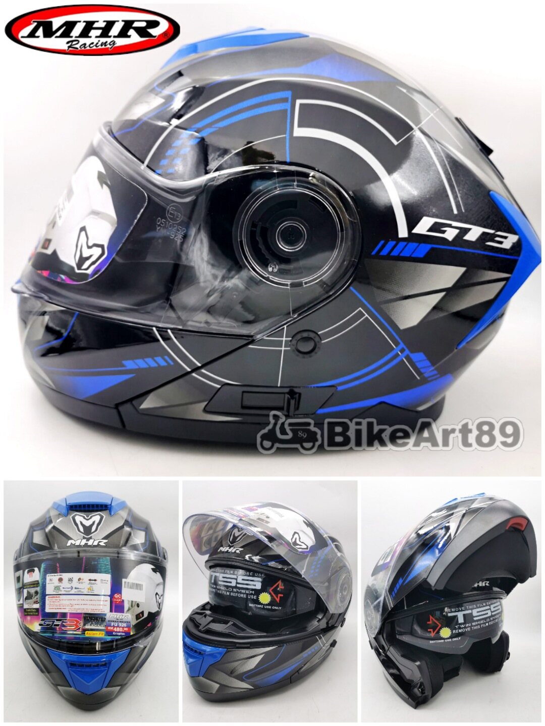 MHR FU926 Racing Full Face Helmet Black Blue Double Visor Flip Up