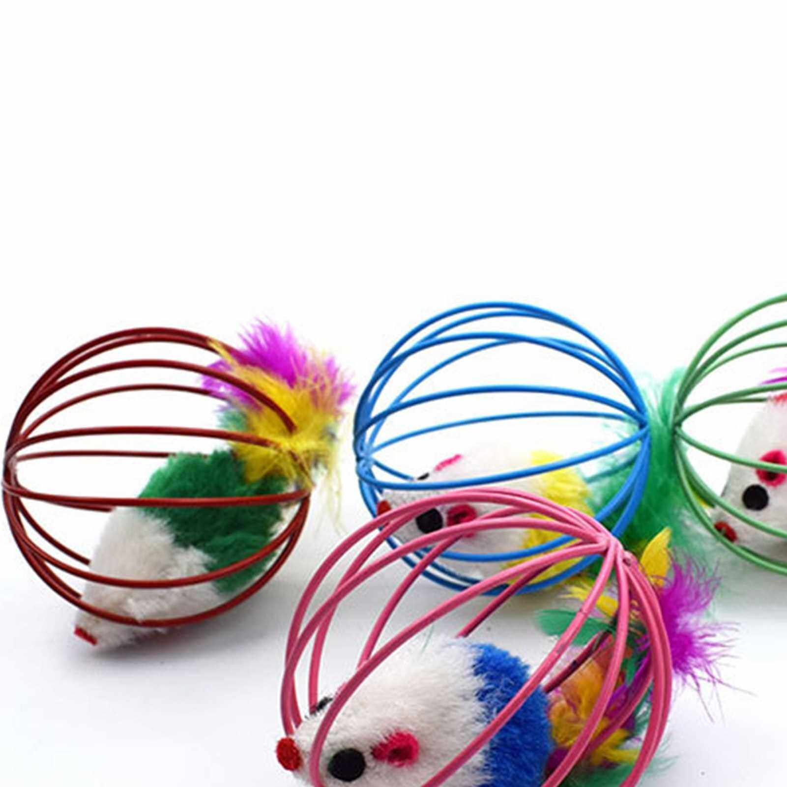 Cat Ball Toys with Bell Feather Colorful Cute Mouse in Cage Shaped