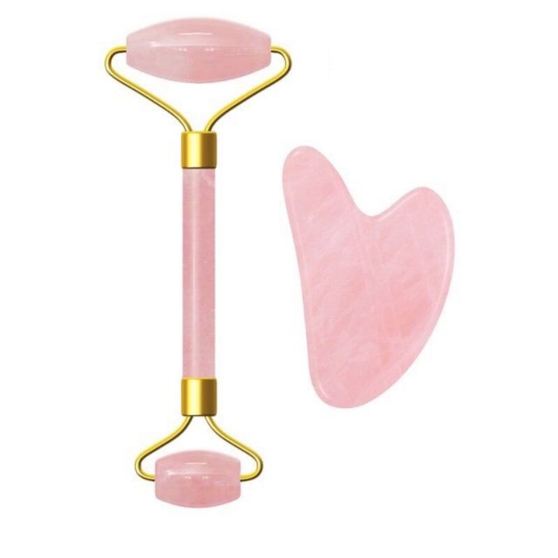Gambar [HOT SALE] The Beauty Street Green   Pink Artificial Jade GuaSha Anti Aging Face Roller Set Face Massager