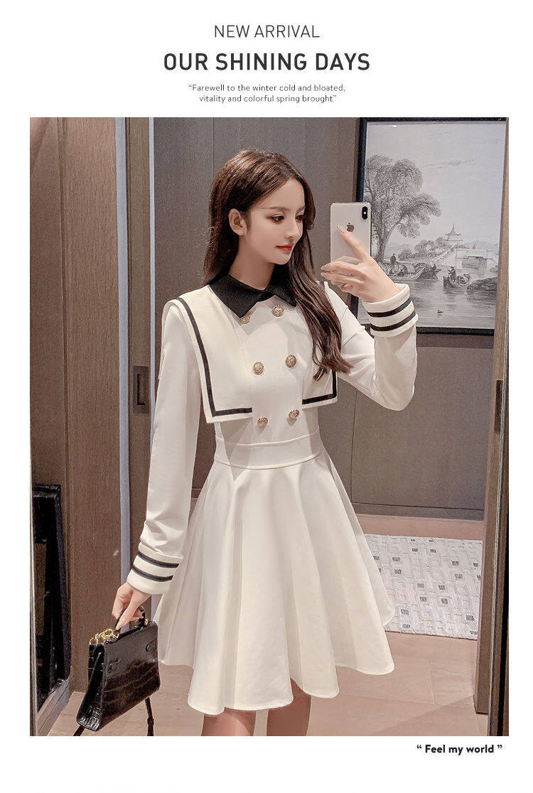 Navy style dress for women 2021 Spring and Autumn new small waist-tight temperament contrast color college style long sleeve A- line dress