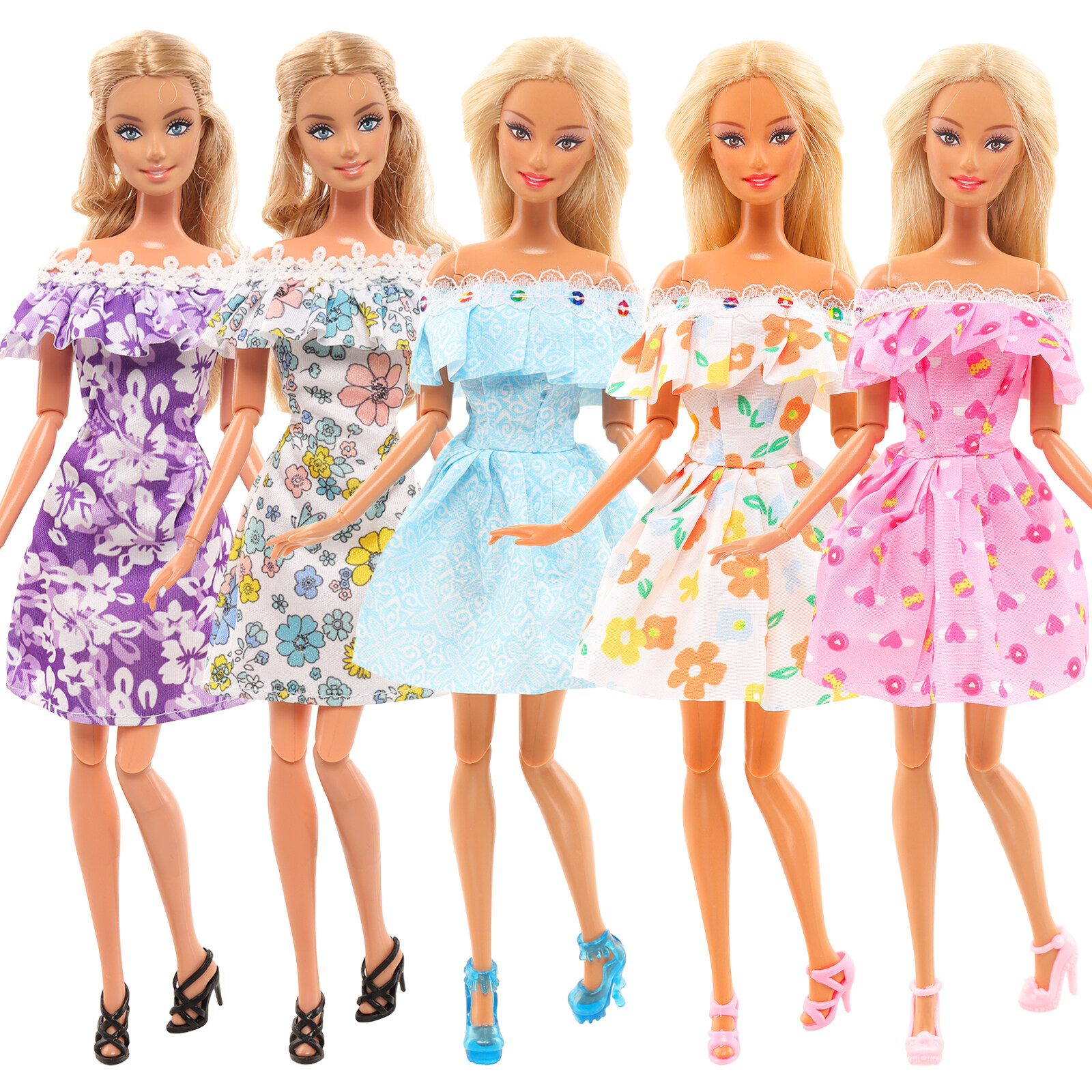Barwa 30cm For Barbie Doll Toy 5 Pcs Fashionable Flowers Line Neck Dress