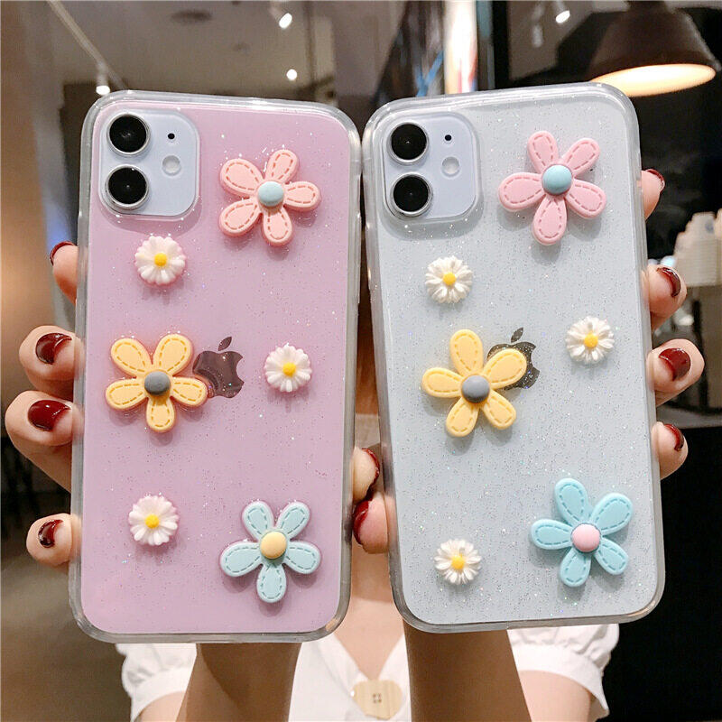 Đáng Yêu 3D Hoa bạc sáng bóng Vỏ điện thoại Lá Cho iPhone 15 Pro Max 14 Cộng Với 13 Pro 12 Mini XR XS Max 7 8 Cộng Với SE 6S Rõ Ràng nhựa TPU mềm Silicone Chống Sốc Bìa