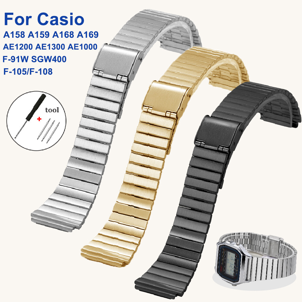  Dây đeo kim loại siêu mỏng mỏng cho CASIO F-91W A158 A159 A168 A169 b650 aq230 ae500w băng đồng hồ thép không gỉ thông dụng 18mm 20mm 