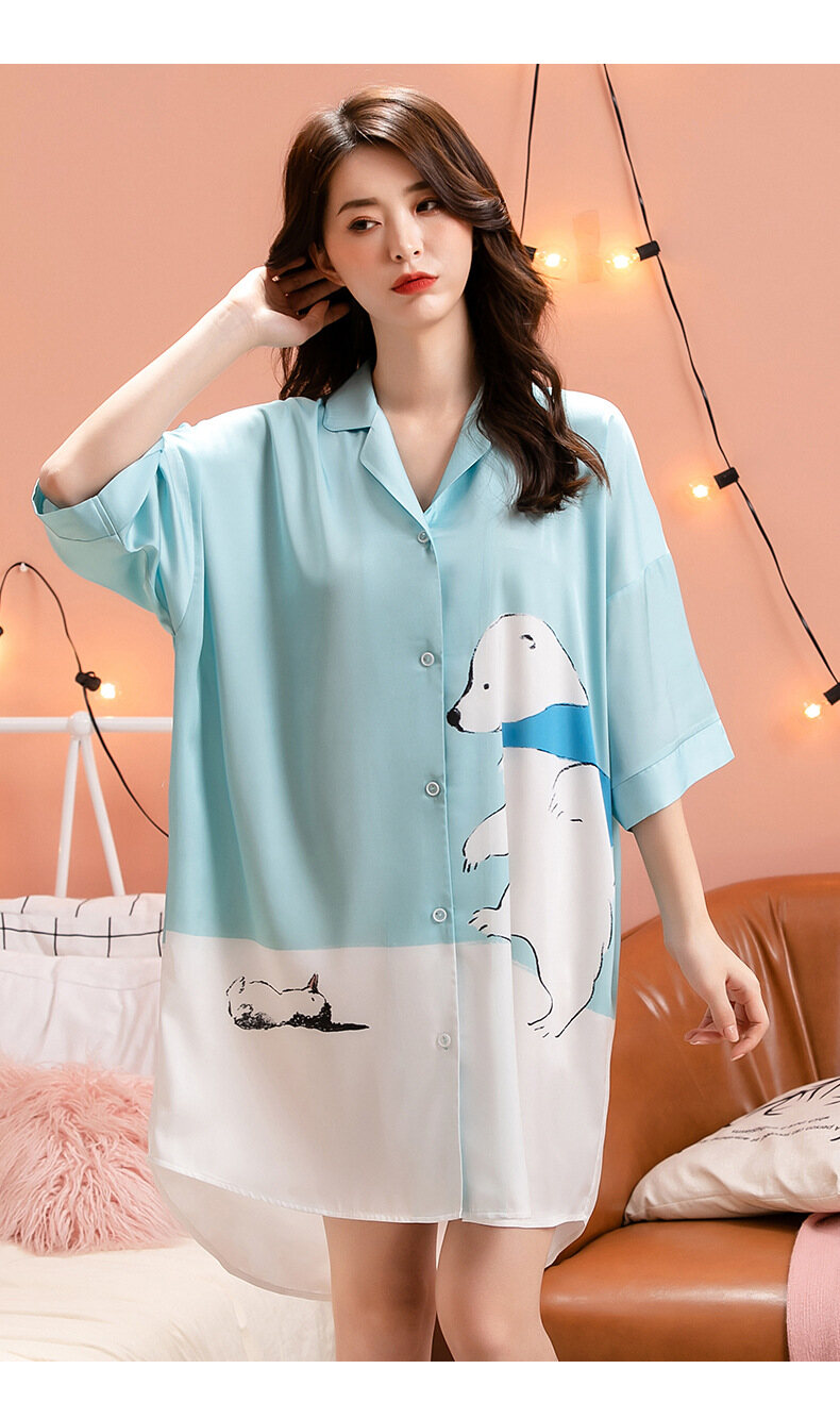 Váy ngủ nữ Cho Phụ Nữ, V-Cổ Cài Cúc Voan Phim Hoạt Hình Mùa Hè Mỏng Ngủ