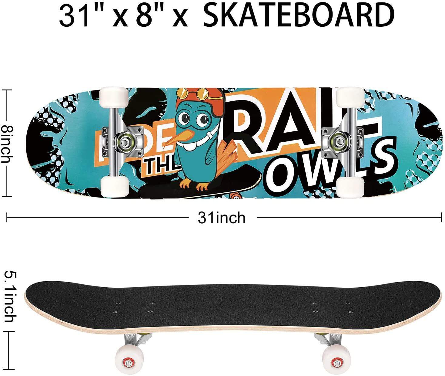 31''Complete Skateboard Double Kick Skate Board Maple Deck Cruiser Kid&Teen Gift 