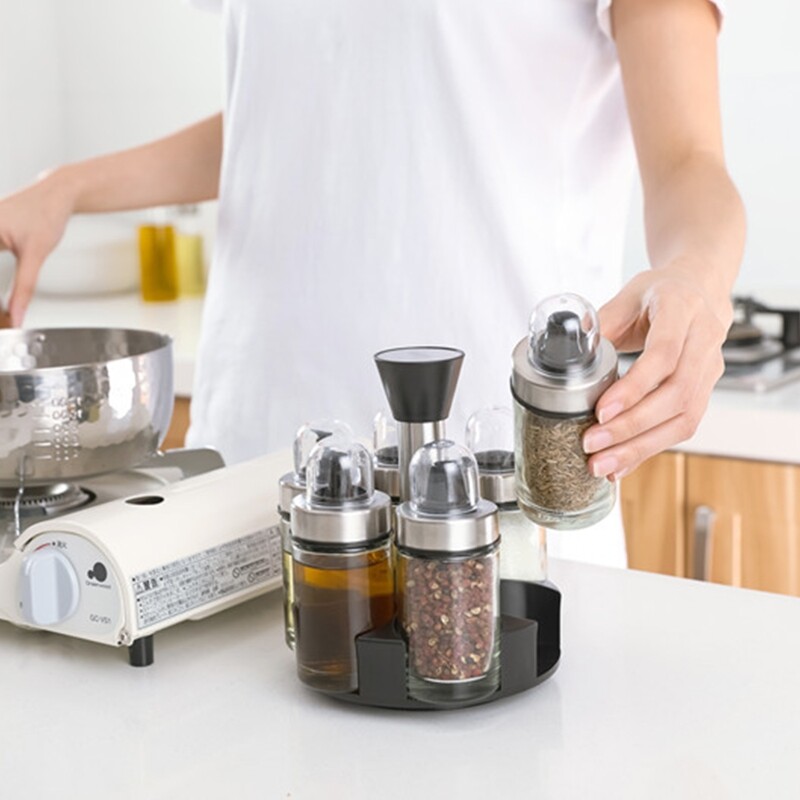 Gambar 360° Rotation Spice Jar Holder with 6 Empty Bottles Salt Pepper Soy Sauce Dispenser Rack Kitchen Glass Condiment Set