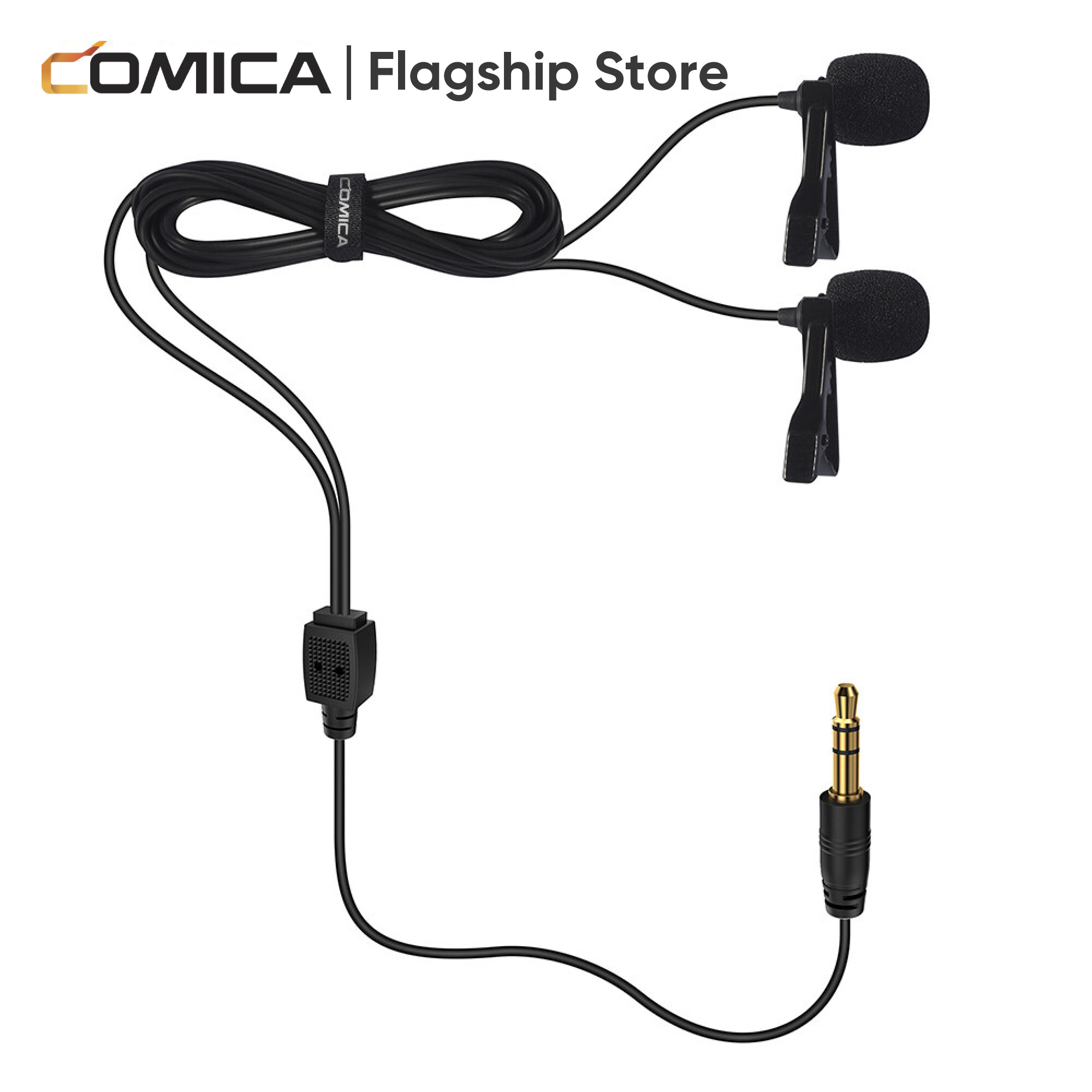 Comica CVM-D02B Dual-head Wired Lapel Microphone Lavalier Condenser Microphone Omnidirectional Double Lav Mic for Phone Camera Gopro(3.5mm TRS)