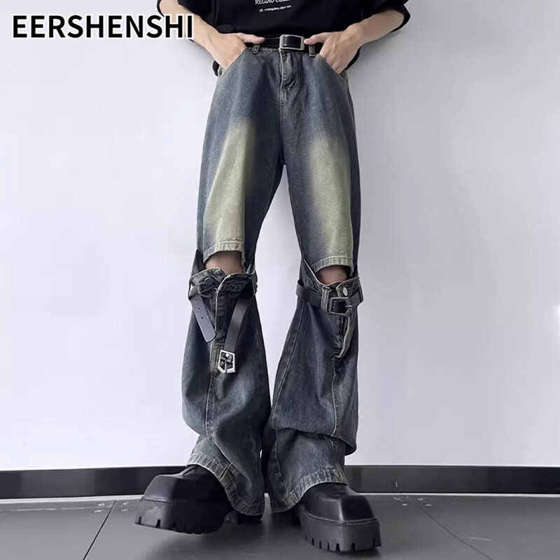 EERSHENSHI quần jeans nam Retro đau khổ Quần bò ống loe eo cao ba chiều nối thắt lưng thiết kế quần giản dị tất cả các phù hợp với quần