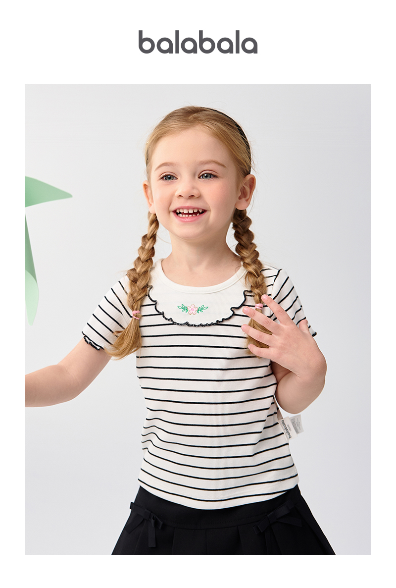 balabala Children Baby Short Sleeve Girl T-Shirt Children Top 2025 New Summer Shoulder-Fit Inner Wear Embroidered T-Shirt · v5