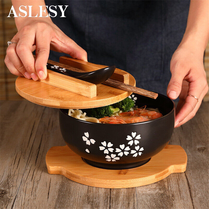 Bát Mì Gạo Phong Cách Nhật Bản Có Nắp Muỗng Và Đũa Bộ Đồ Ăn Nhà Bếp Bát Súp Salad Bằng Gốm Đồ Đựng Thức Ăn Bộ Đồ Ăn