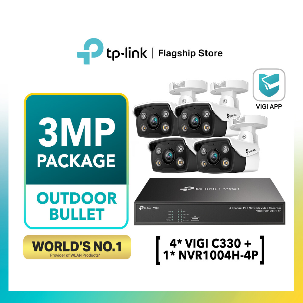 TP-LINK VIGI Bundle Package with 4*C330 (WIRED) 3MP Outdoor Full-Color Bullet Network Camera + NVR1004H-P with PoE Ports Harga 1,275 Ringgit*Penghantaran Percuma