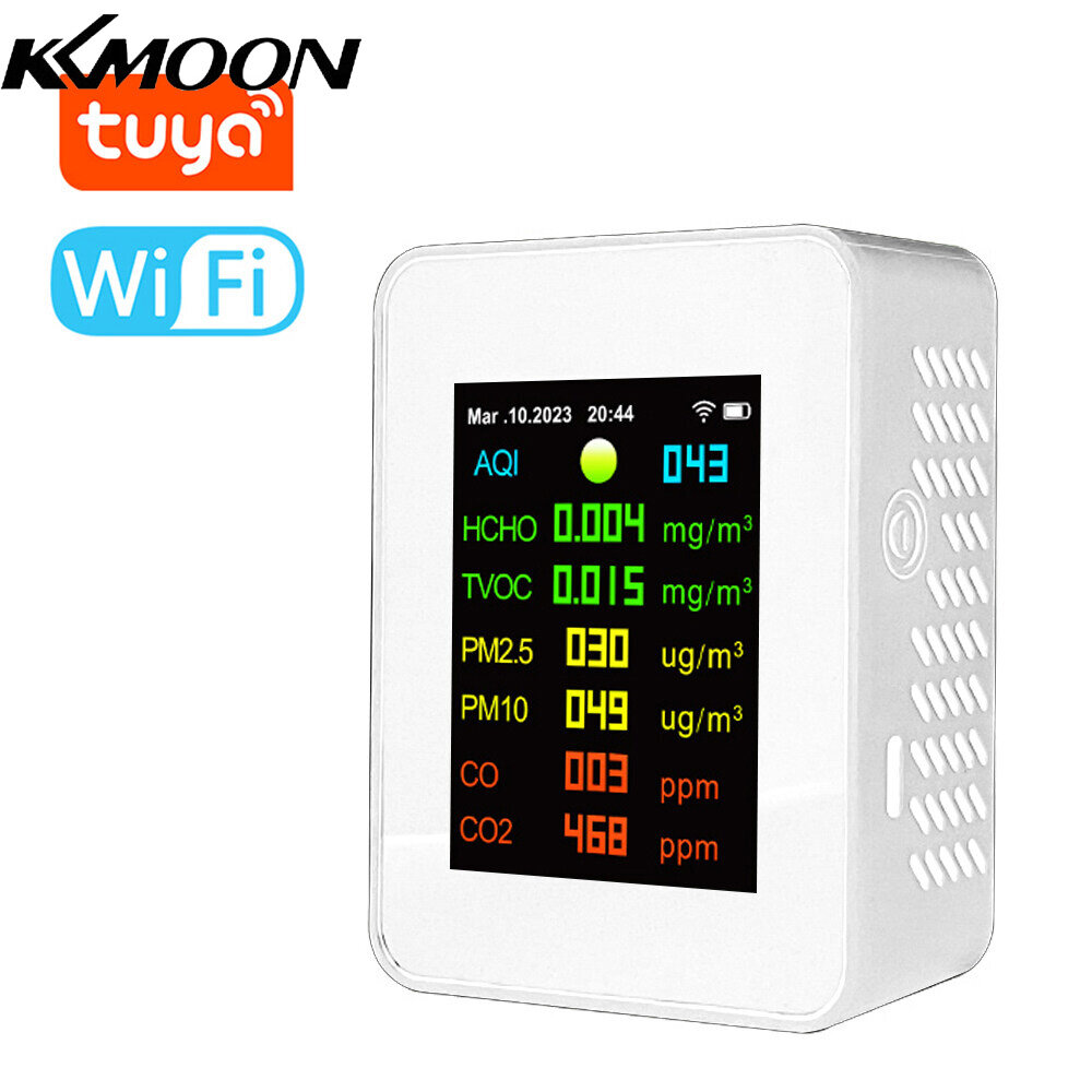  Tuya Máy Đo Chất Lượng Không Khí Cầm Tay Wifi Máy Kiểm Tra AQI CO2 TVOC HCHO Oxit Carbonic 7in1 PM2.5 PM10 Máy Dò Carbon Dioxide Màn Hình Màu TFT Với Chức Năng Hiển Thị Ngày Và Giờ 