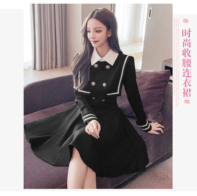 Navy style dress for women 2021 Spring and Autumn new small waist-tight temperament contrast color college style long sleeve A- line dress