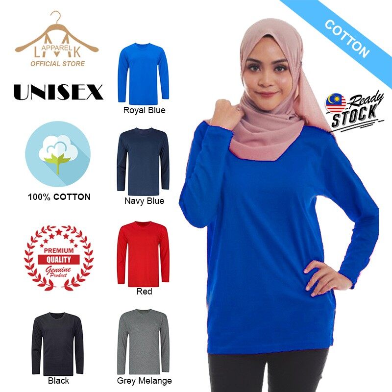 𝗦𝗔𝗟𝗘 Ready Stock Unisex 100 Comfy Stretchy Cotton Round Neck Long Sleeve Plain Tee Baju Kosong T Shirt Lengan Panjang Black Navy Blue Royal Blue Grey Melange Red Color Lmk Apparel Lazada