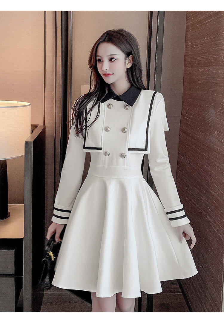 Navy style dress for women 2021 Spring and Autumn new small waist-tight temperament contrast color college style long sleeve A- line dress