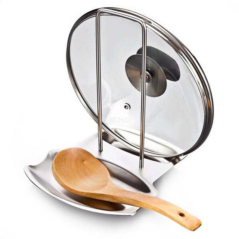 Gambar Kitchen Accessories Stainless Steel Pot Lid Shelf Kitchen Organizer Pan Cover Lid Rack Stand Sponge Spoon Dish Holder
