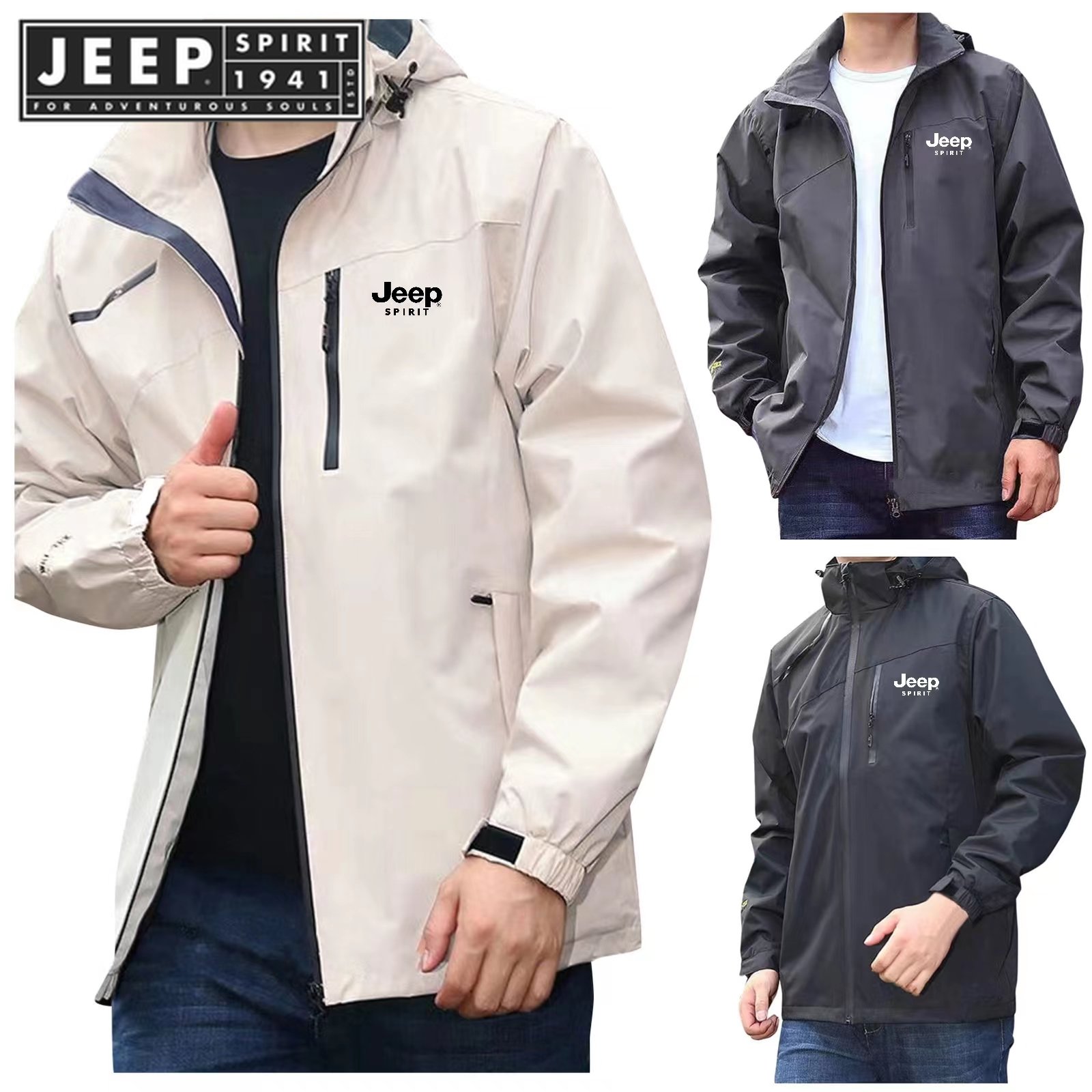 JEEP SPIRIT 1941 ESTDmen's outdoor hiking jacket windproof waterproof camping hiking jacket detachable hat