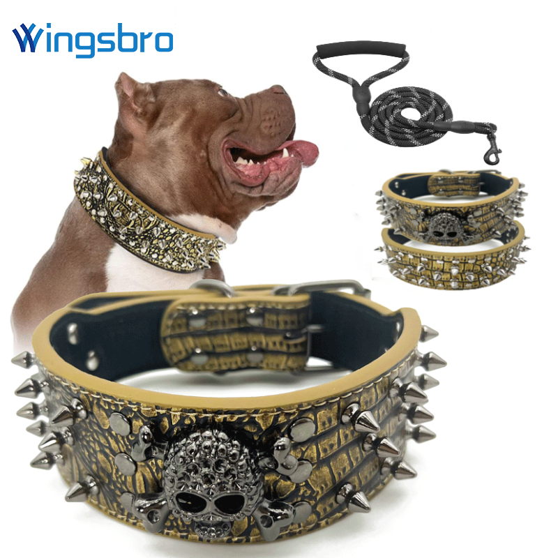 Spiked Studded Vòng cổ cho chó bằng da với dây xích, đinh tán Chất liệu da PU Vòng cổ cho chó bằng da cho đào tạo, thể thao, đi bộ, đi du lịch, bulldog, Labrador, vật nuôi nhỏ vừa đến lớn