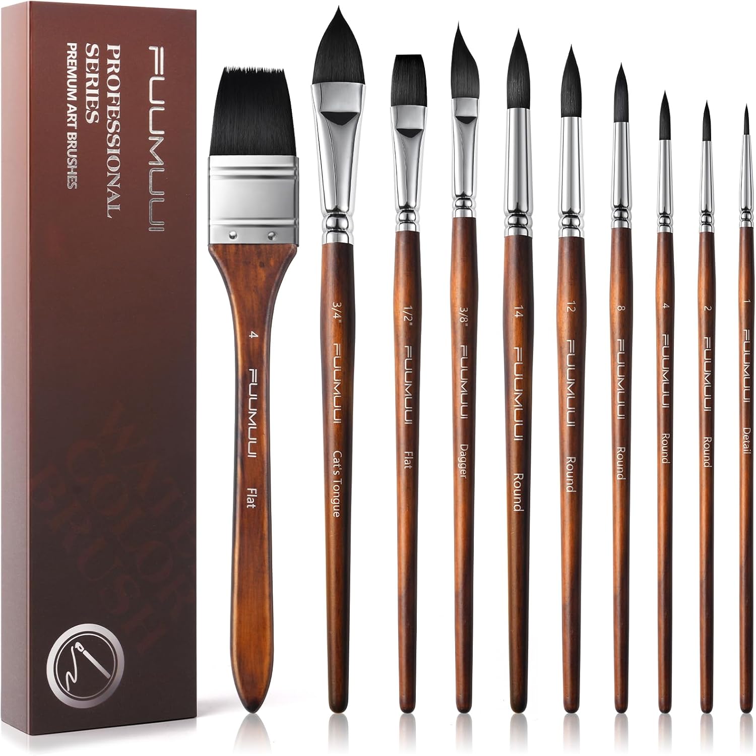 10Pcs Fuumuui Watercolor Brushes Professional Synthetic Squirrel Hair Brush Set Variety Shapes with Round Pointed Wide Flat Cats Tongue Dagger for Watercolor Acrylic Gouache Inks Painting