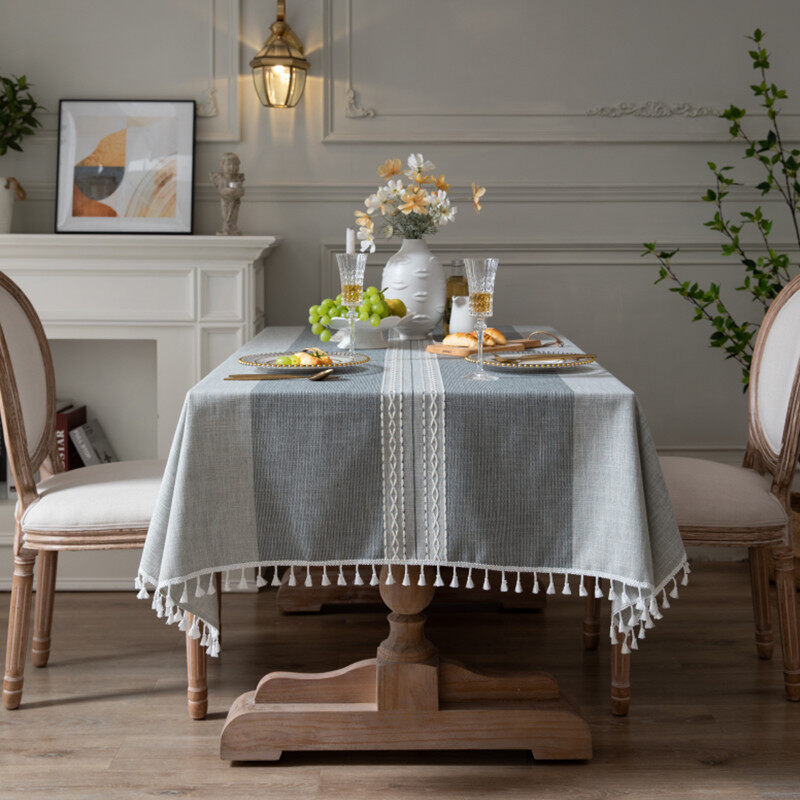 Gambar ?? Ready Stock?? Japanese and Korean Gray Tassel Embroidered Tablecloth Rectangular Coffee Table Cover Towel