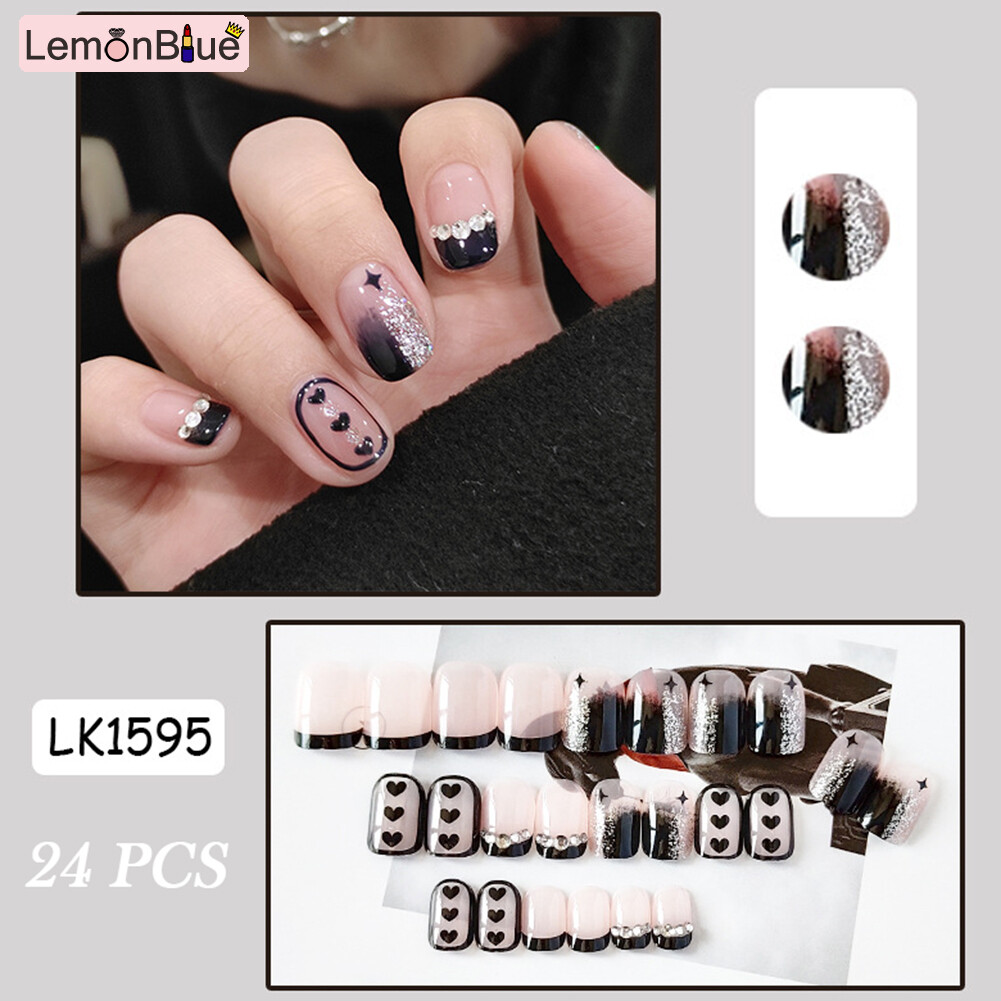 Gambar 24PCS Short Press on Nails Rhinestones Inlaid Full Coverage Finished Nail Piece Salon DIY Art Black Fake Nails Removable Save Time with Jelly Gel Glue