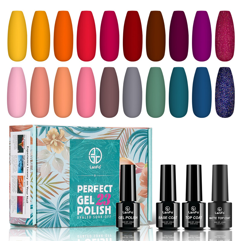 Gambar LanFo 20pcs Gel Polish Set with Glossy and Matte Top Coat Base Coat UV Nail Gel Polish Glitter Sequins Matte Effect Long Lasting Base Top Coat Nail Art Design DIY Gel Polish