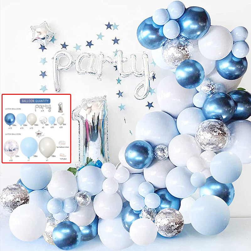 Blue and Sliver Latex Metallic Pearlescent Balloon 110 Pcs Arch & Garland Kit,Decorating Strip+Tying Tools+Gule Dots+Flower Clips+Curling Ribbon,boy Baby Shower, Party Decorations 