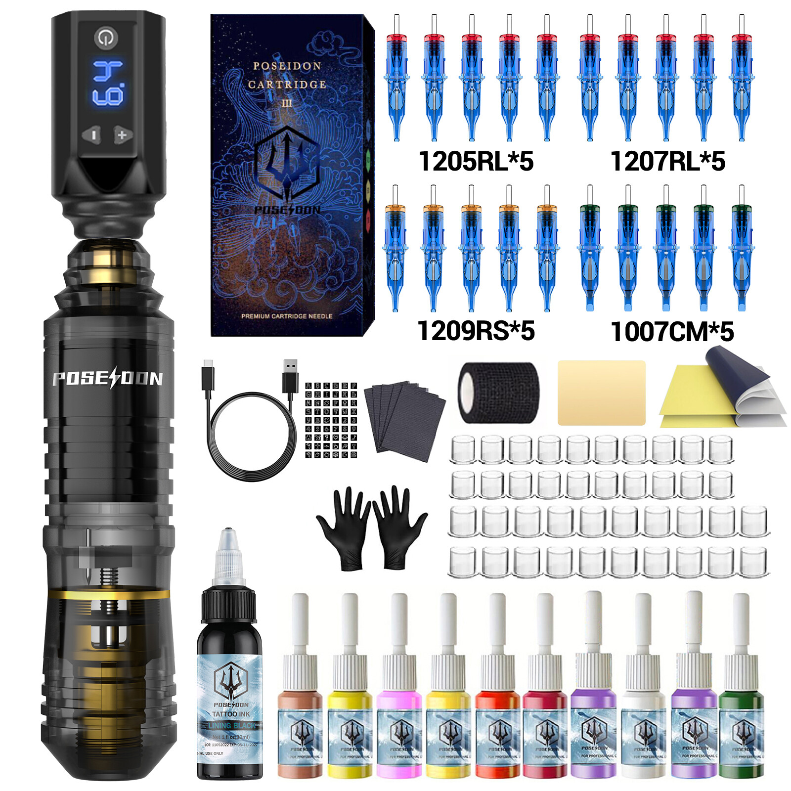  Poseidon bút Tattoo Set-Máy xăm với 20PCS Hộp mực kim xăm và cung cấp điện không dây phụ kiện xăm hình cho nghệ sĩ 