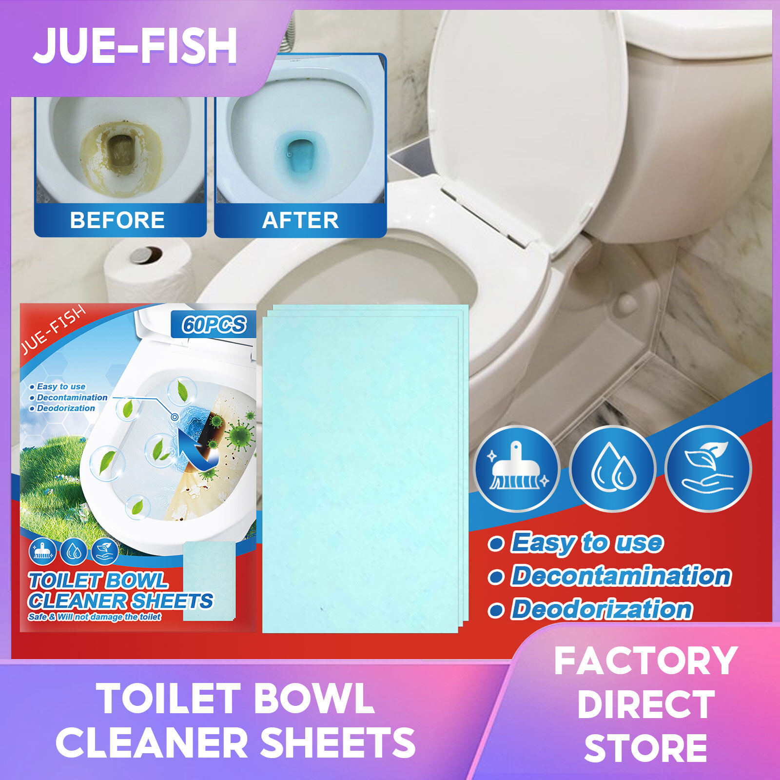 Jue-Fish Toilet Cleaner Tablet Descaling Cleaner Floor Cleaner Sheet Automatic Toilet Bowl Cleaner Toilet Fast Remover Urine Stain Deodorant Yellow Dirt Toilet Cleaning Tool (60Pcs) ราคา 178 บาท*ส่งฟรี