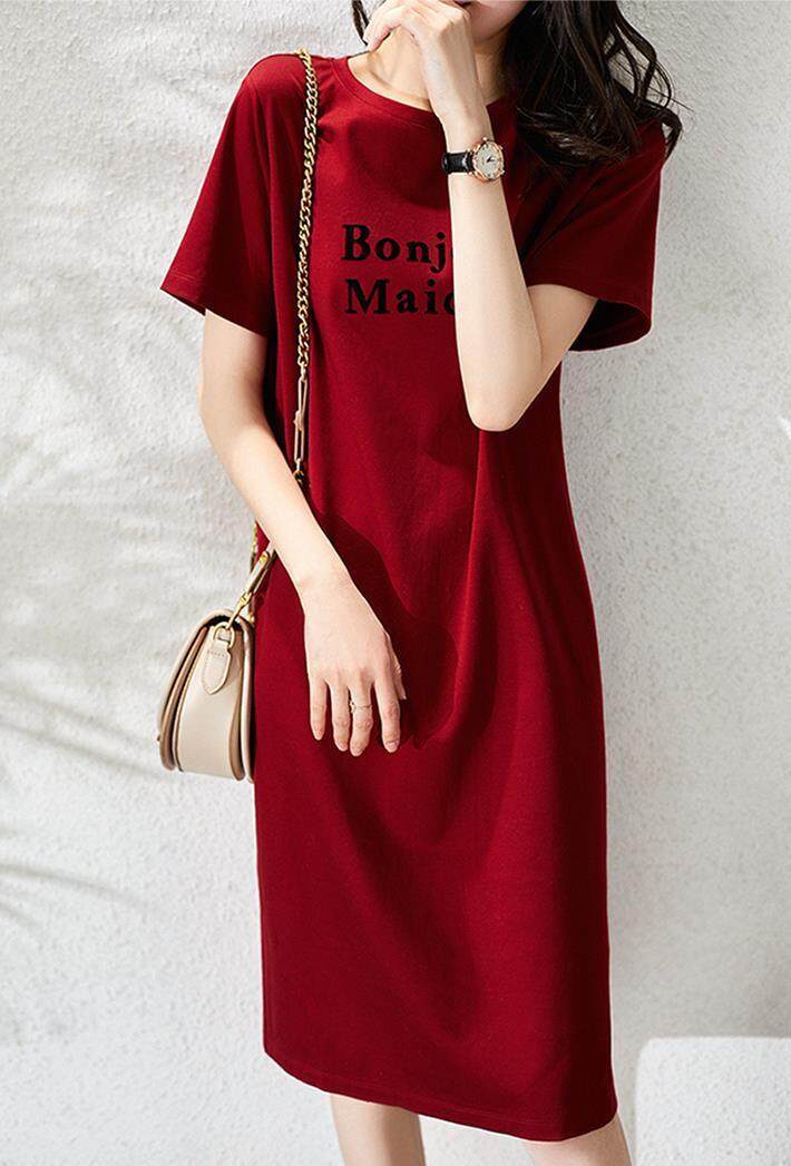 Tshirt Dress Women Casual Short Sleeve Cotton Korean Letter Print Red Plus  Size Women Dresses Fashion Clothes | Lazada