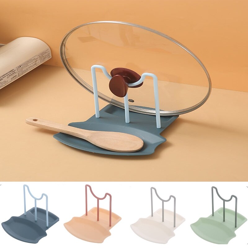 Gambar Kitchen Organizer Pot Lid Storage Rack Shelf Countertop Punch free Spoons Pad Bracket Home Kitchen Shelves Gadgets