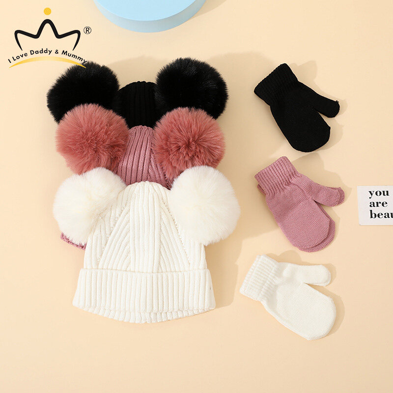 I LOVE DADDY&MUMMY 2-6Years Winter Baby Pompom Beanies Gloves Sets Soft