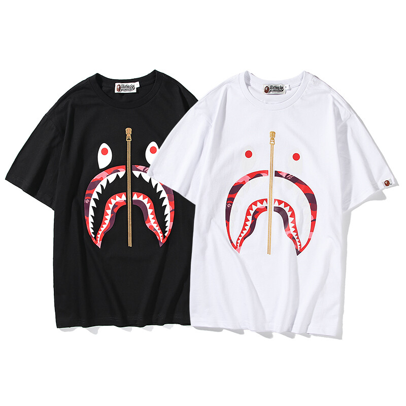 Bape tay ngắn vải cotton thường ngày dáng rộng in khóa kéo đầu cá mập cổ điển