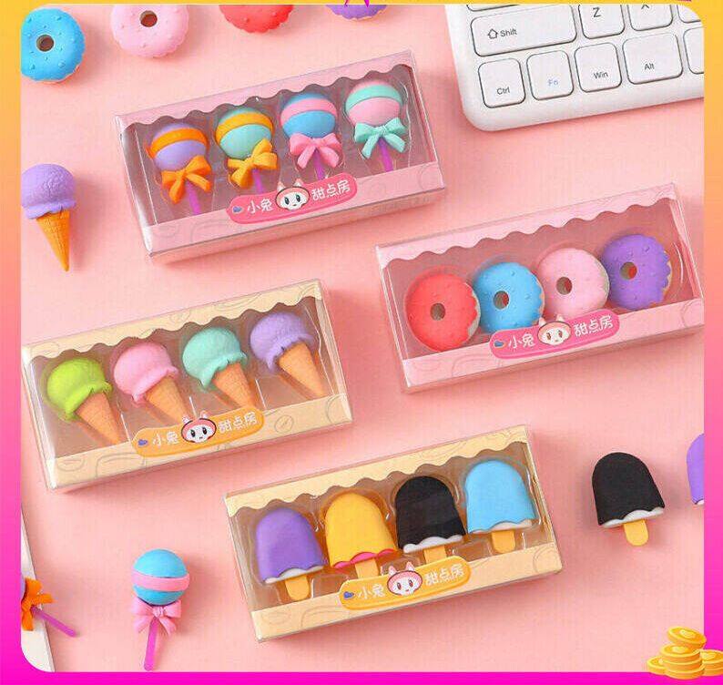 Hàng sẵn có 4 cái/Bộ độc đáo hoạt hình món tráng miệng loạt tẩy dễ thương Mini Lollipop Icecream Tẩy bút chì bằng cao su trẻ em văn phòng phẩm học tập cho sinh viên