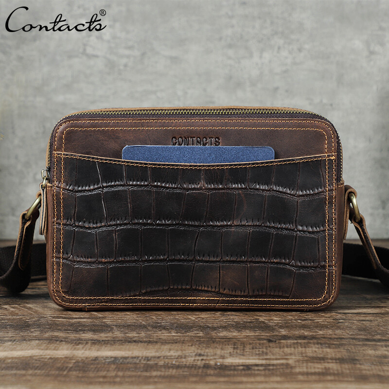 CONTACT'S Men Crossbody Bag Small Crocodile Skin Design Genuine Leather Handbag Travel Shoulder Bag for iPad High Quality Bags ราคา 1,268 บาท*ส่งฟรี