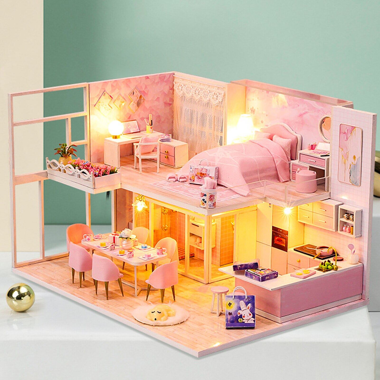 Self Assemble DIY Wooden House Toy Wooden Miniatura Doll Houses Miniature Dollhouse With Furniture LED Lights + Dustproof Cover