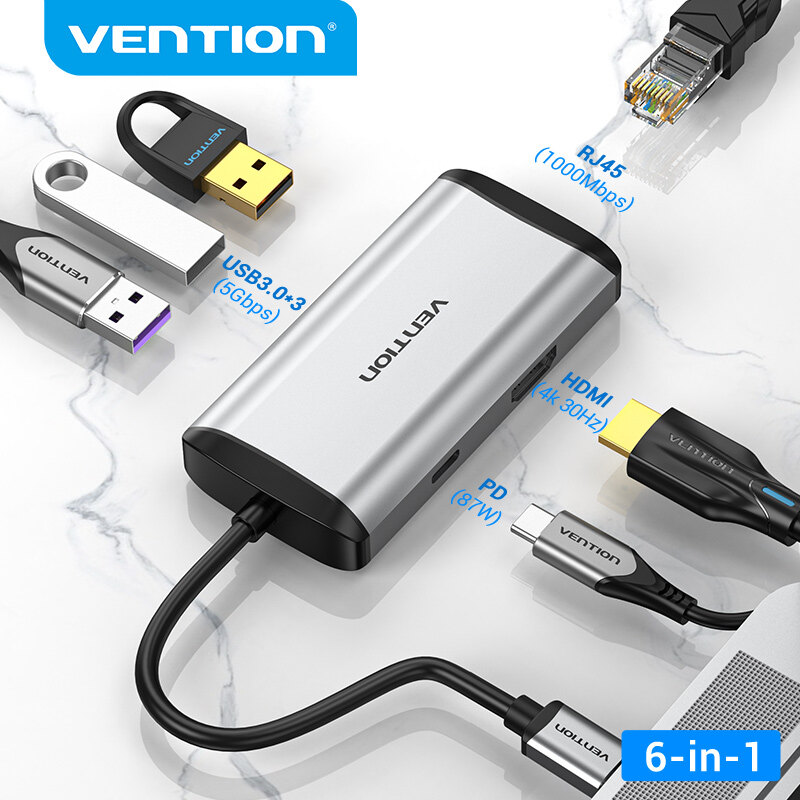 Vention Dock Chuyển Đổi 8 In 1 Type-C sang HDMI/USB 3.0 - Cổng RJ45 LAN Đọc Thẻ TF/SD - Sạc PD 100W 