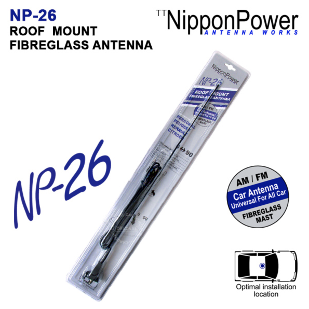 NipponPower NP26 Roof Mount Fibreglass Antenna for Personal Peugeot